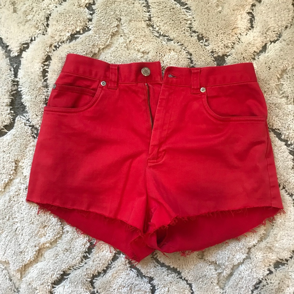 red jean shorts